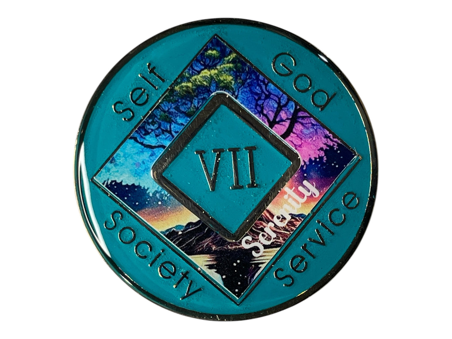 Narcotics Anonymous (NA) medallion with a teal border featuring the words 'Self,' 'God,' 'Society,' and 'Service' around the edges. The center displays a scenic design with a tree, calm lake, and colorful sunset sky, along with the Roman numeral 'VII' representing seven years of recovery and the word 'Serenity' written diagonally in white text.