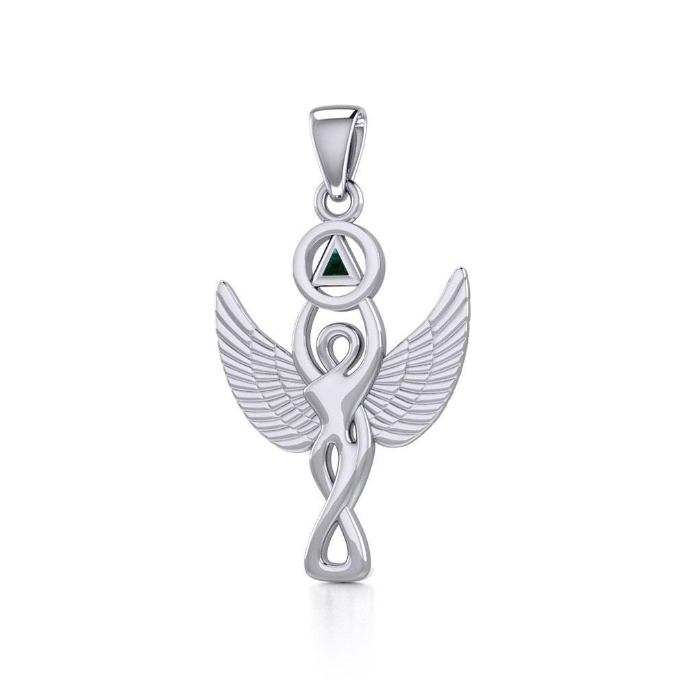 Sterling Silver Winged Goddess Pendant Inlaid Recovery Symbol AA Recovery Collection