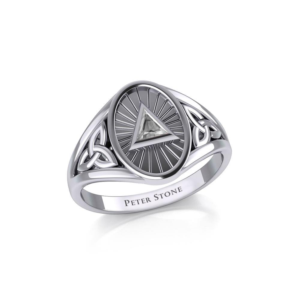 Sterling Silver Celtic Trinity Knot Ring With Inlaid Recovery Symbol From Peter Stone AA Recovery Collection