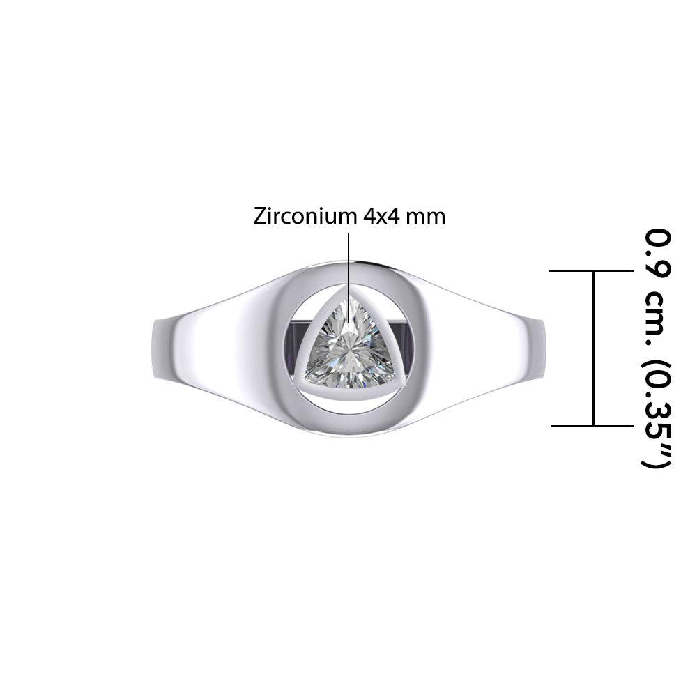Small Sterling Silver Ring With Inlaid Recovery Symbol Trillion Cut Gemstone