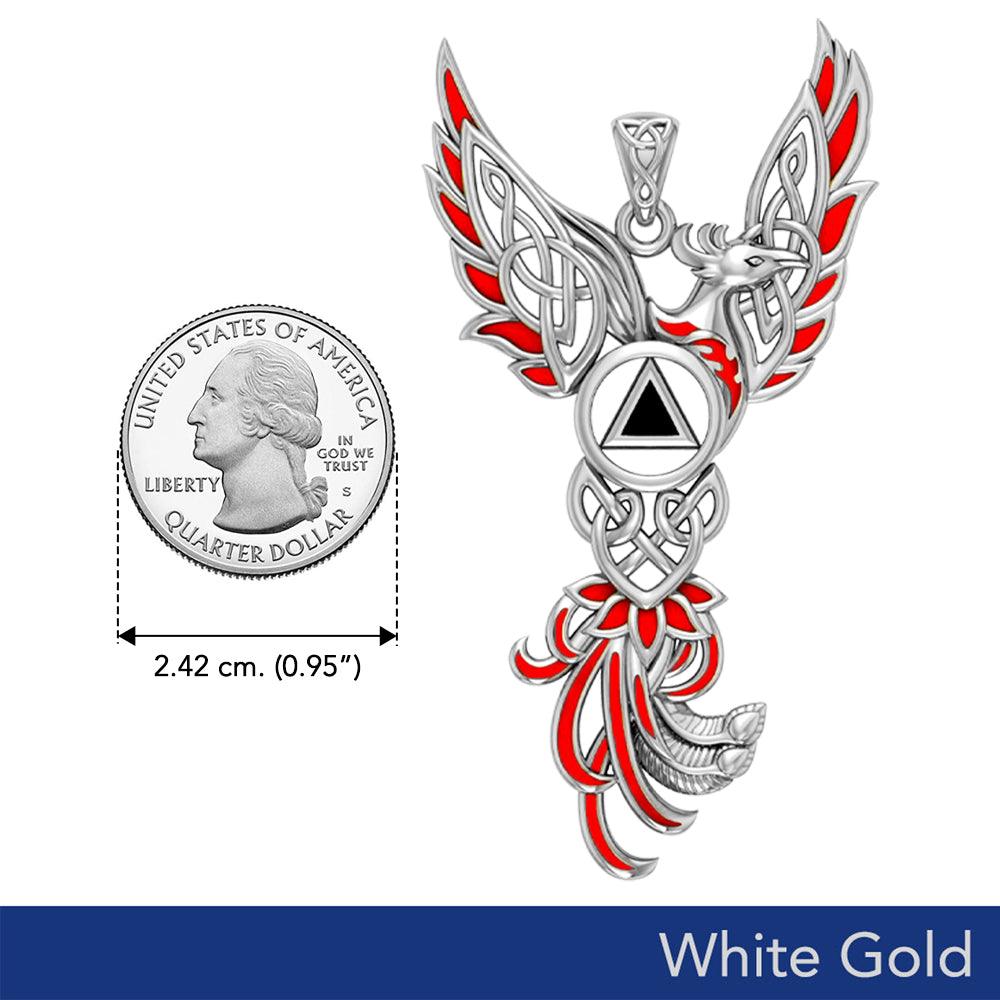 Celtic Phoenix Recovery Pendant In Solid White Gold With Enamel Symbol Of Renewal And Endurance