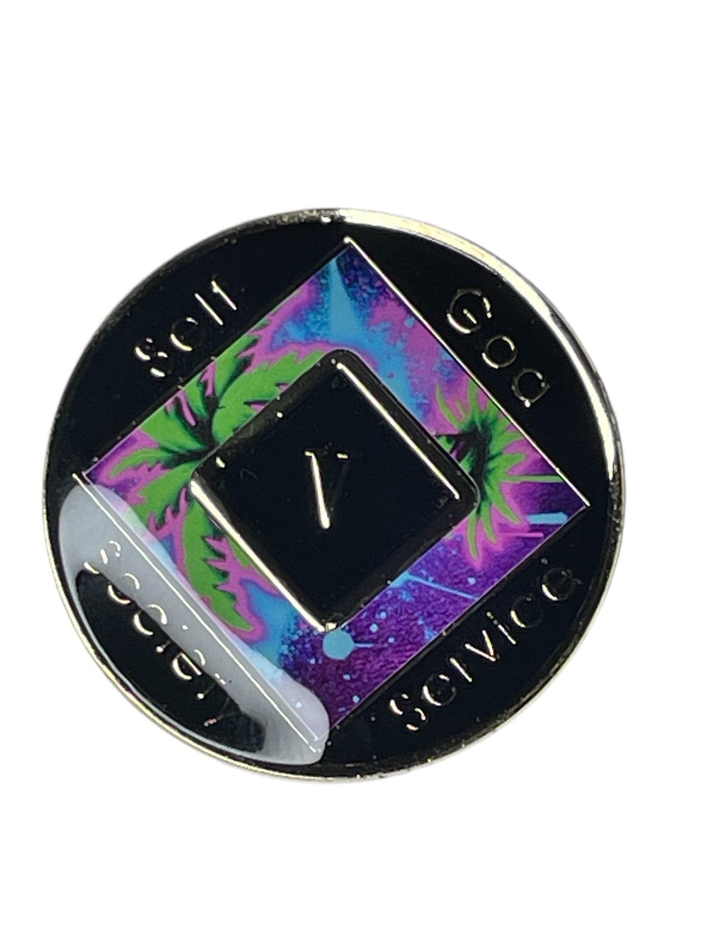 Narcotics Anonymous 5-year recovery medallion with a neon tropical palm tree design in vibrant purple, green, and blue tones, representing growth, serenity, and spiritual balance through self, God, society, and service.