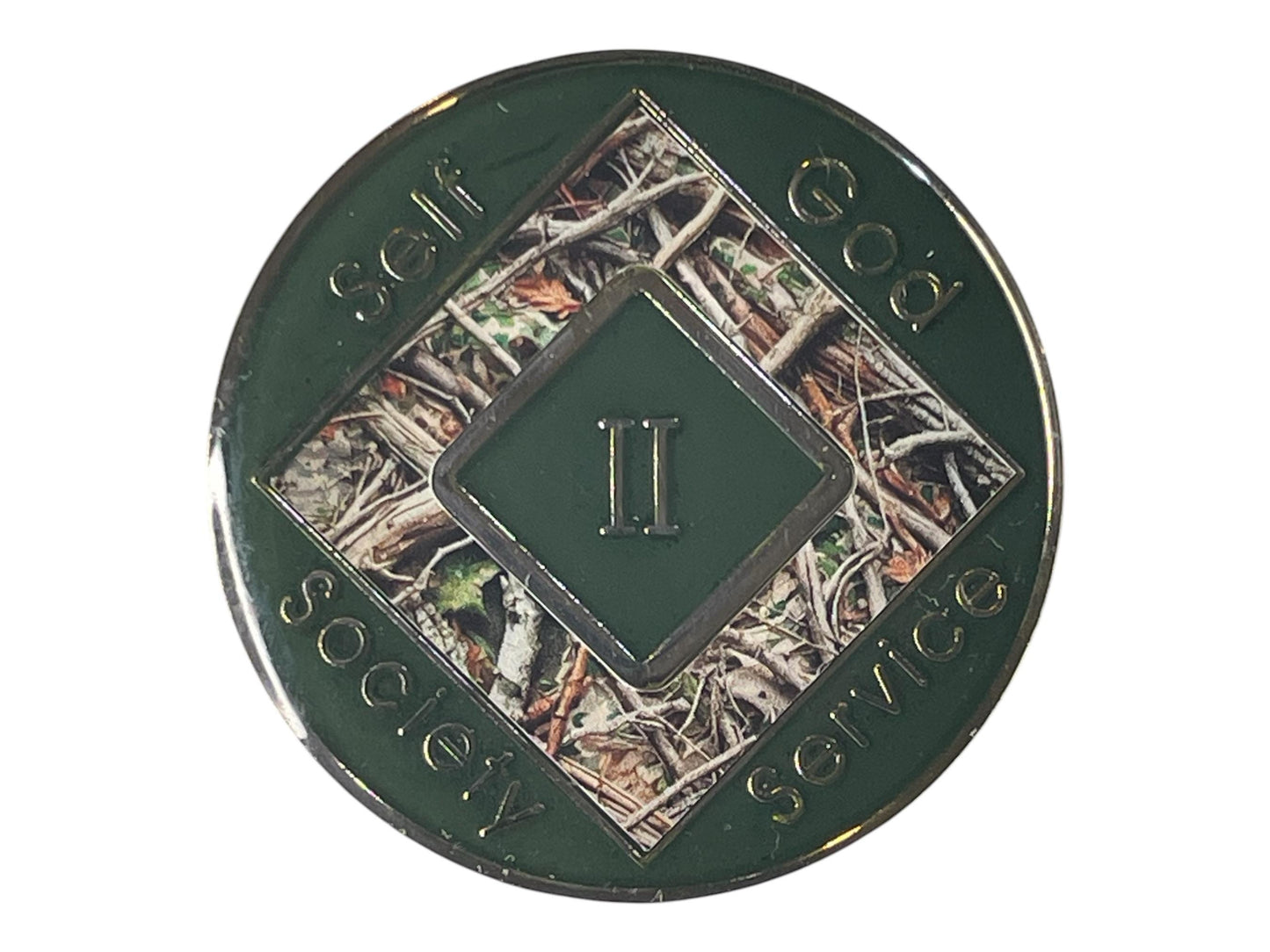 Narcotics Anonymous 2-year recovery medallion featuring a forest camouflage design with intertwined branches and leaves, symbolizing resilience, grounding, and natural strength in recovery. The medallion has a deep green metallic border engraved with “Self, God, Society, Service,” and a central diamond displaying the Roman numeral II, representing two years clean and personal growth through nature’s endurance.