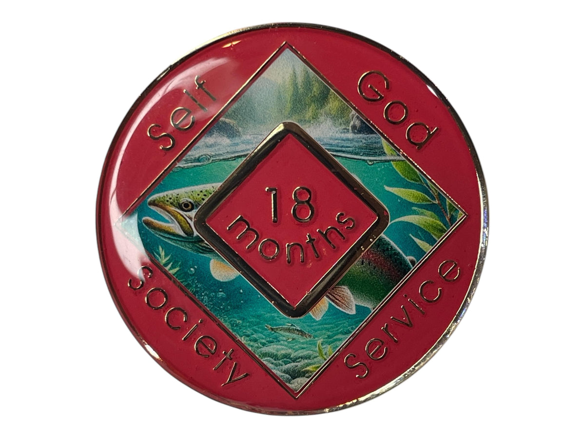 Narcotics Anonymous 18-month recovery medallion with a vivid underwater rainbow trout design and red enamel border. The coin features the words “Self, God, Society, Service,” symbolizing growth and balance in recovery — an inspiring sobriety token for celebrating 18 months clean.