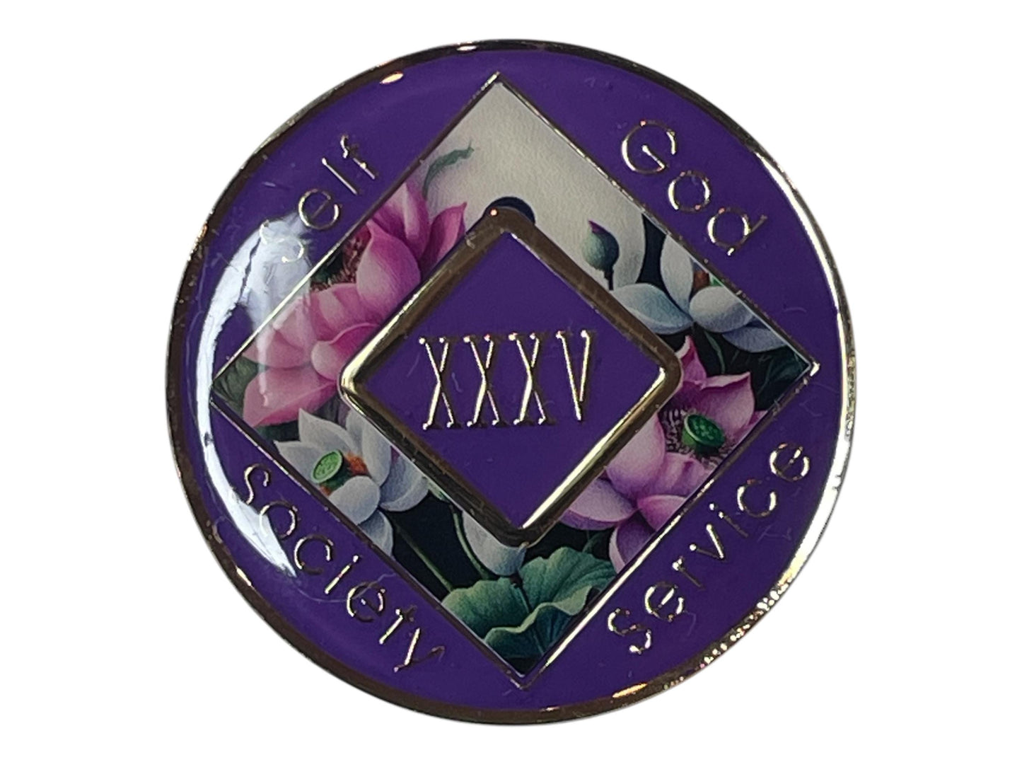 Narcotics Anonymous 35-year sobriety medallion with deep purple border, floral lotus background, and the words Self, God, Society, Service surrounding the Roman numeral XXXV
