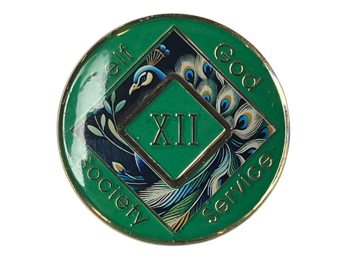Narcotics Anonymous green 12-year recovery medallion featuring an elegant peacock design and NA logo, symbolizing transformation, self-awareness, and spiritual growth in sobriety.