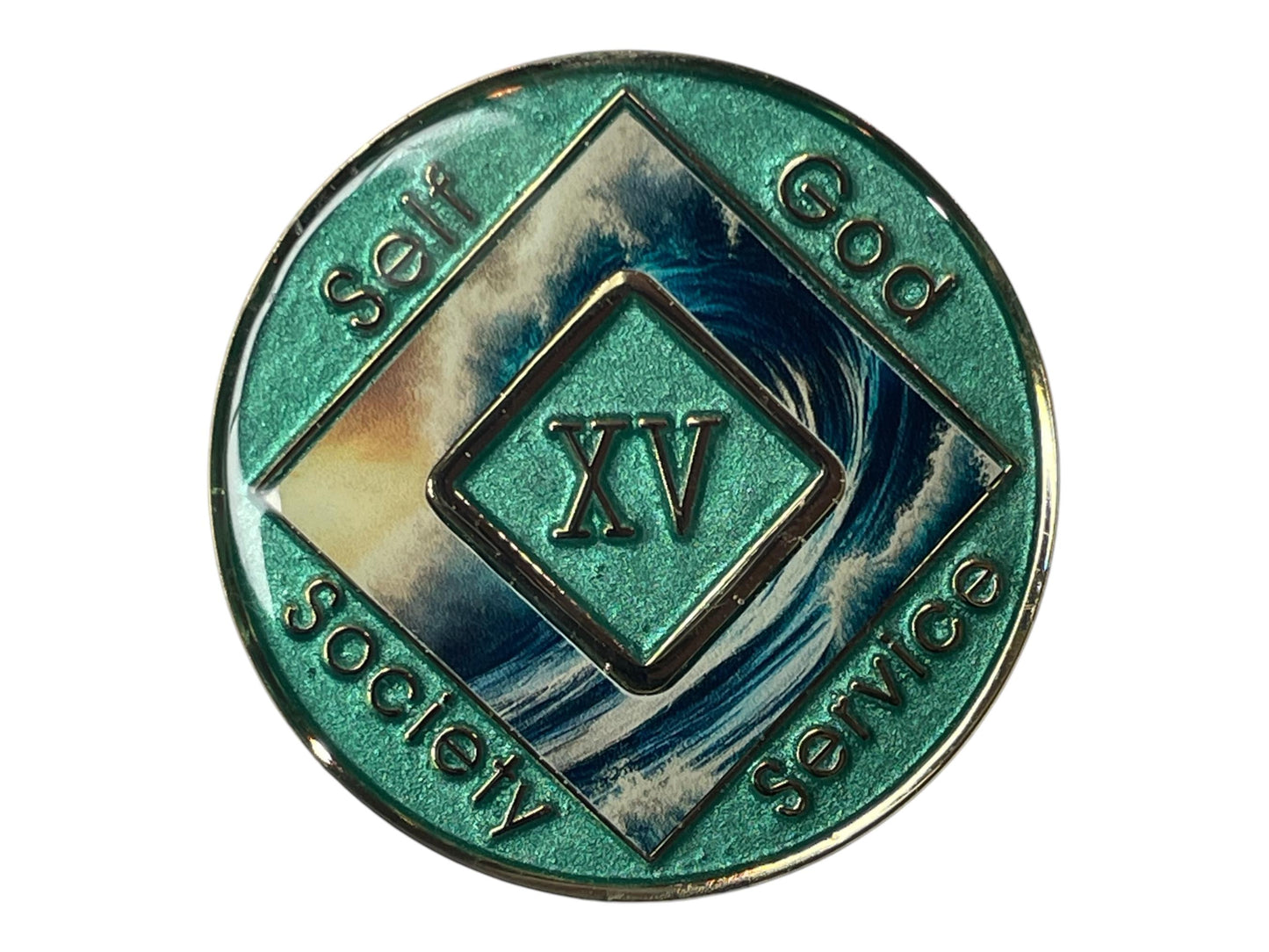 Narcotics Anonymous 15-year recovery medallion featuring a teal ocean wave design symbolizing resilience, spiritual growth, and the power of renewal in sobriety.