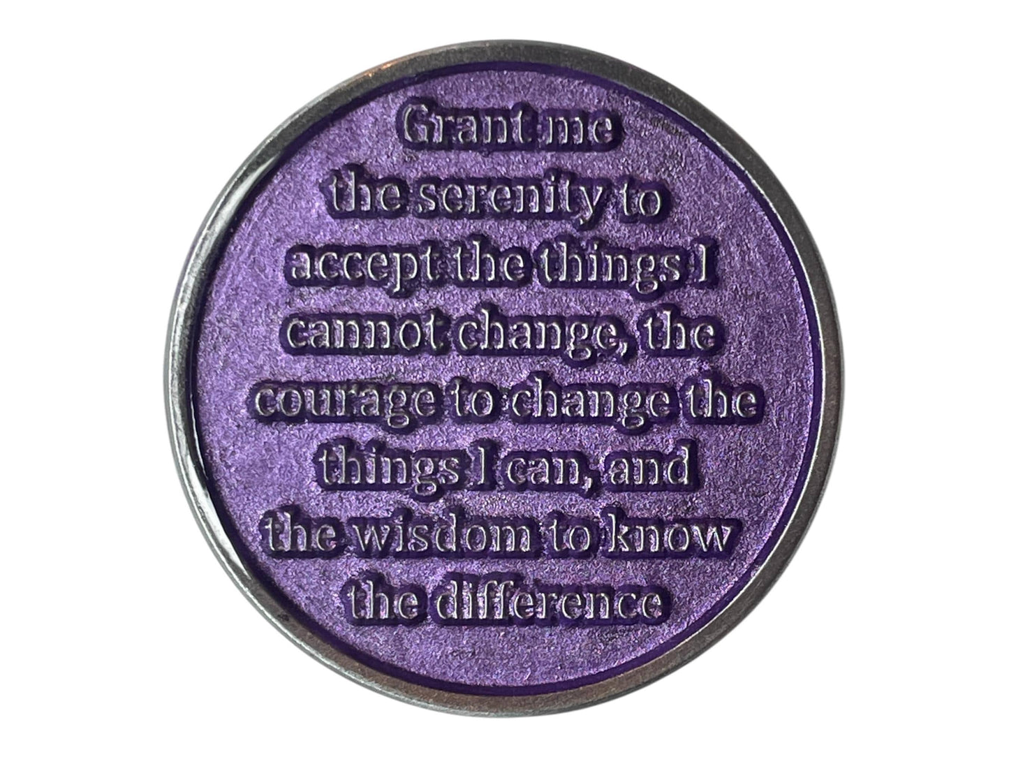 Purple Alcoholics Anonymous medallion engraved with the Serenity Prayer: “Grant me the serenity to accept the things I cannot change, the courage to change the things I can, and the wisdom to know the difference.” The metallic purple background symbolizes peace, courage, and spiritual strength in sobriety and recovery.