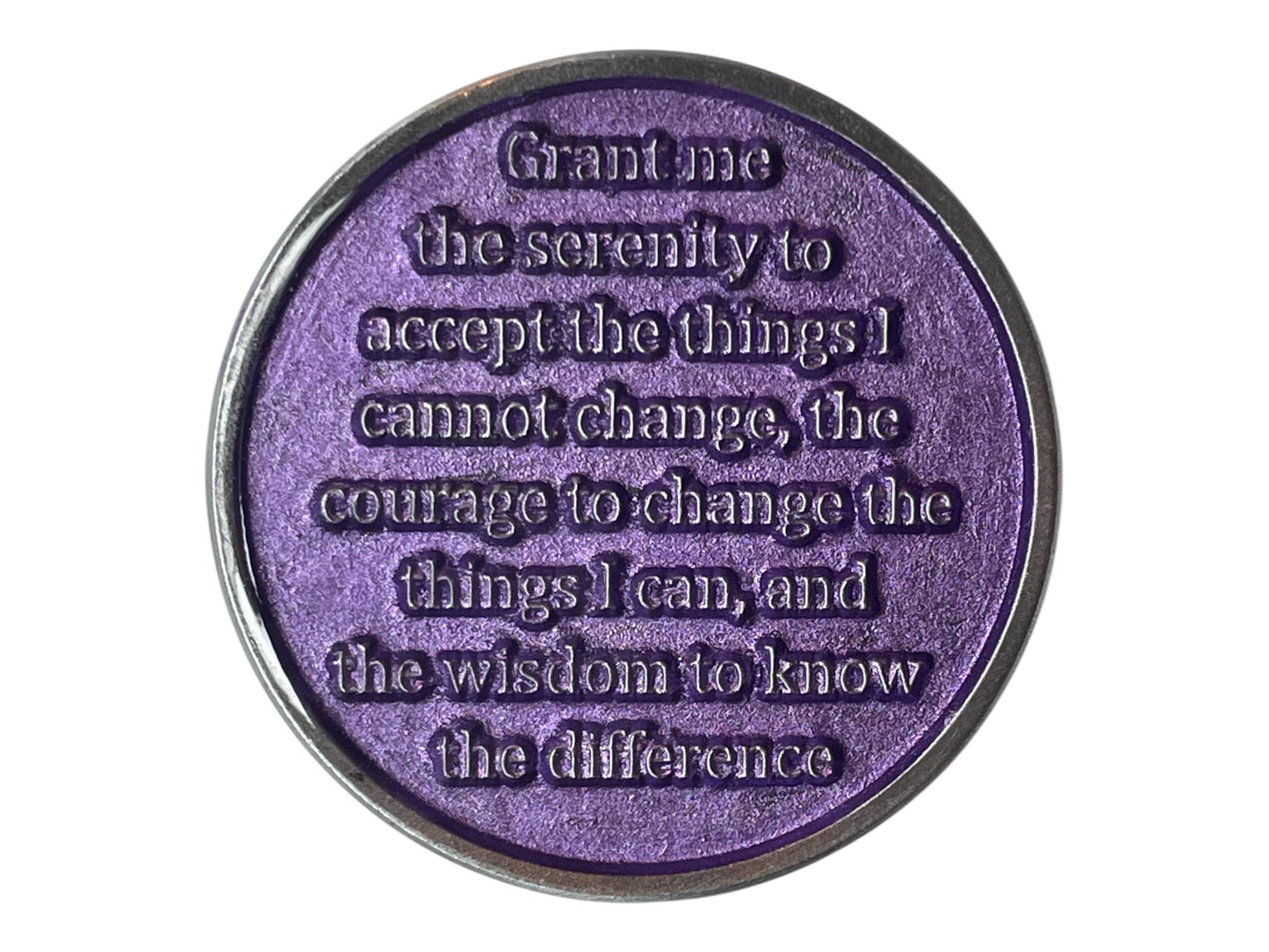 Purple Alcoholics Anonymous medallion engraved with the Serenity Prayer: “Grant me the serenity to accept the things I cannot change, the courage to change the things I can, and the wisdom to know the difference.” The metallic purple background symbolizes peace, courage, and spiritual strength in sobriety and recovery.