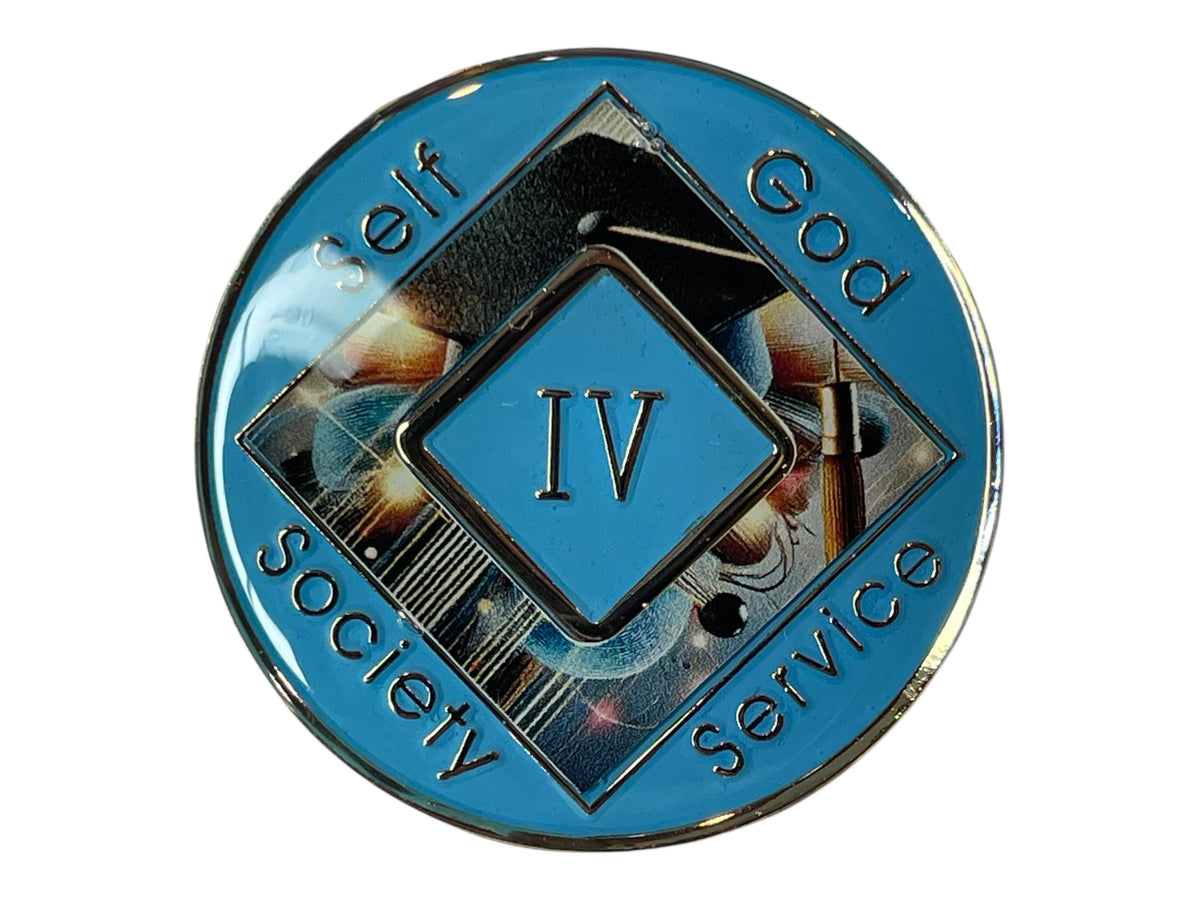 Narcotics Anonymous 4-year recovery medallion with a graduation cap and diploma design, representing educational growth, personal achievement, and the continuous journey of sobriety and recovery.