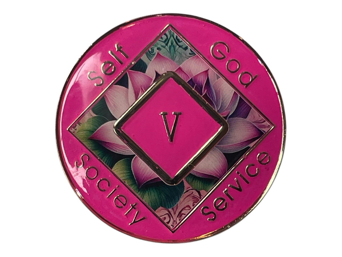 Narcotics Anonymous 5-year recovery medallion with pink lotus flower artwork, representing spiritual awakening, peace, and growth in sobriety, featuring the NA symbol and pink enamel border with metallic lettering.