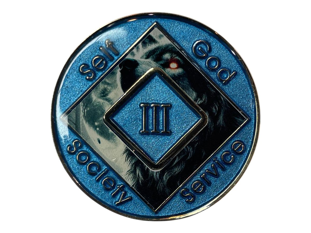 Narcotics Anonymous 3-year recovery medallion featuring a fierce wolf with glowing red eyes, symbolizing inner strength, perseverance, and transformation through recovery. The medallion has a metallic blue border engraved with “Self, God, Society, Service,” and Roman numeral III in the center, representing three years clean and the power of resilience and faith.