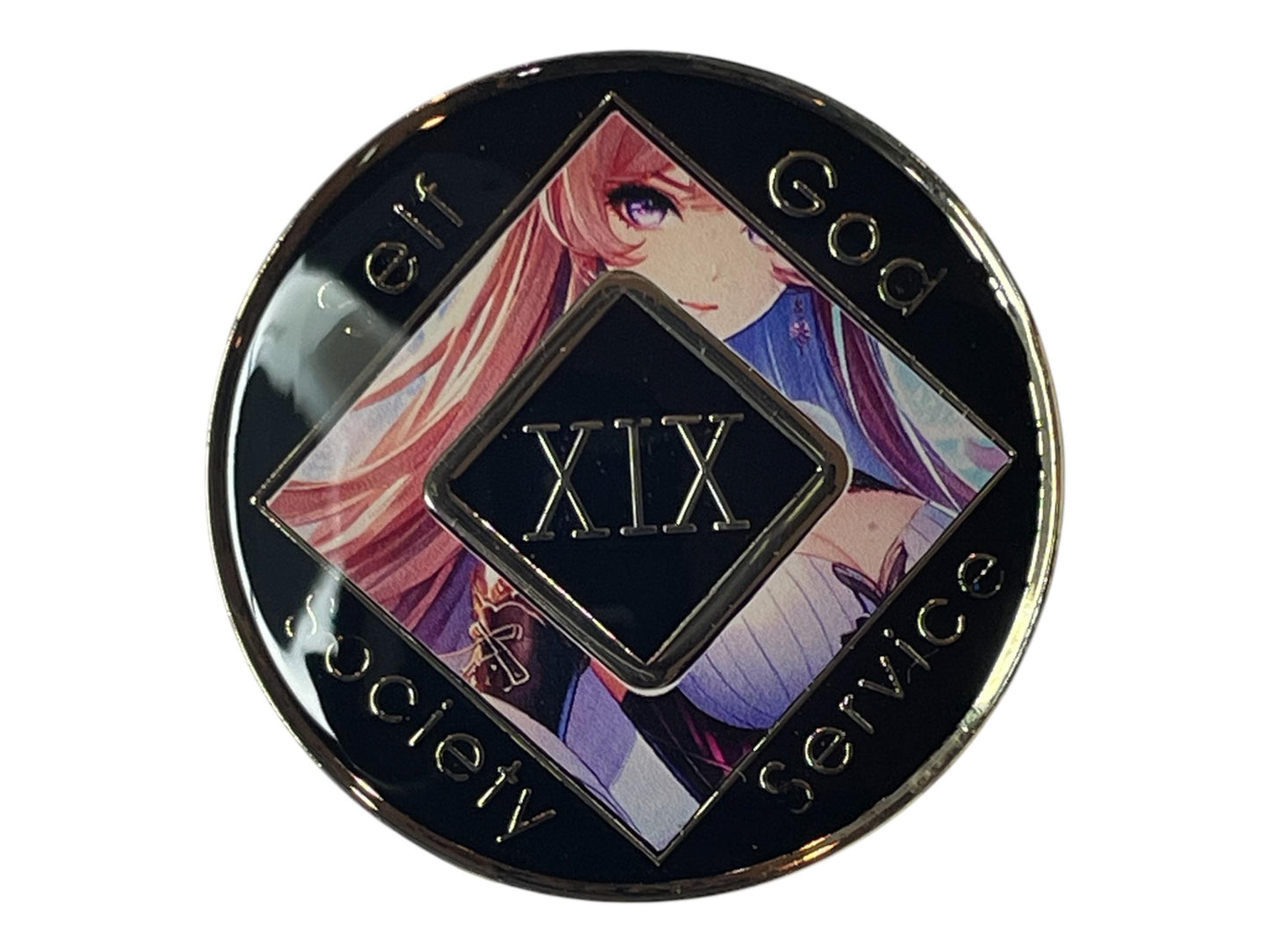 Narcotics Anonymous 19-year recovery medallion with an anime-inspired fantasy artwork background and sleek black enamel border. The coin features the words “Self, God, Society, Service” with Roman numeral XIX in the center, symbolizing 19 years clean — a unique sobriety token representing strength, hope, and transformation in recovery.
