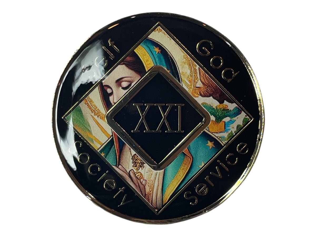 Narcotics Anonymous 21-year black recovery medallion featuring the Virgin of Guadalupe design with the NA logo, representing faith, devotion, and spiritual growth in long-term sobriety.