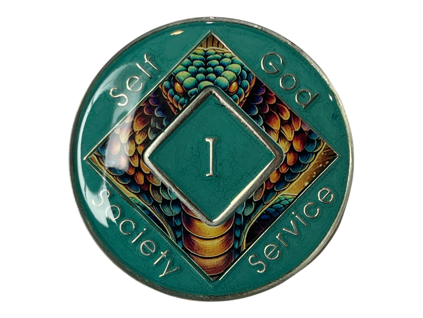 Narcotics Anonymous cobra recovery medallion featuring a detailed serpent design with teal enamel, engraved words “Self, God, Society, Service,” and Roman numeral I representing one year clean — symbolizing strength, renewal, and transformation in sobriety.