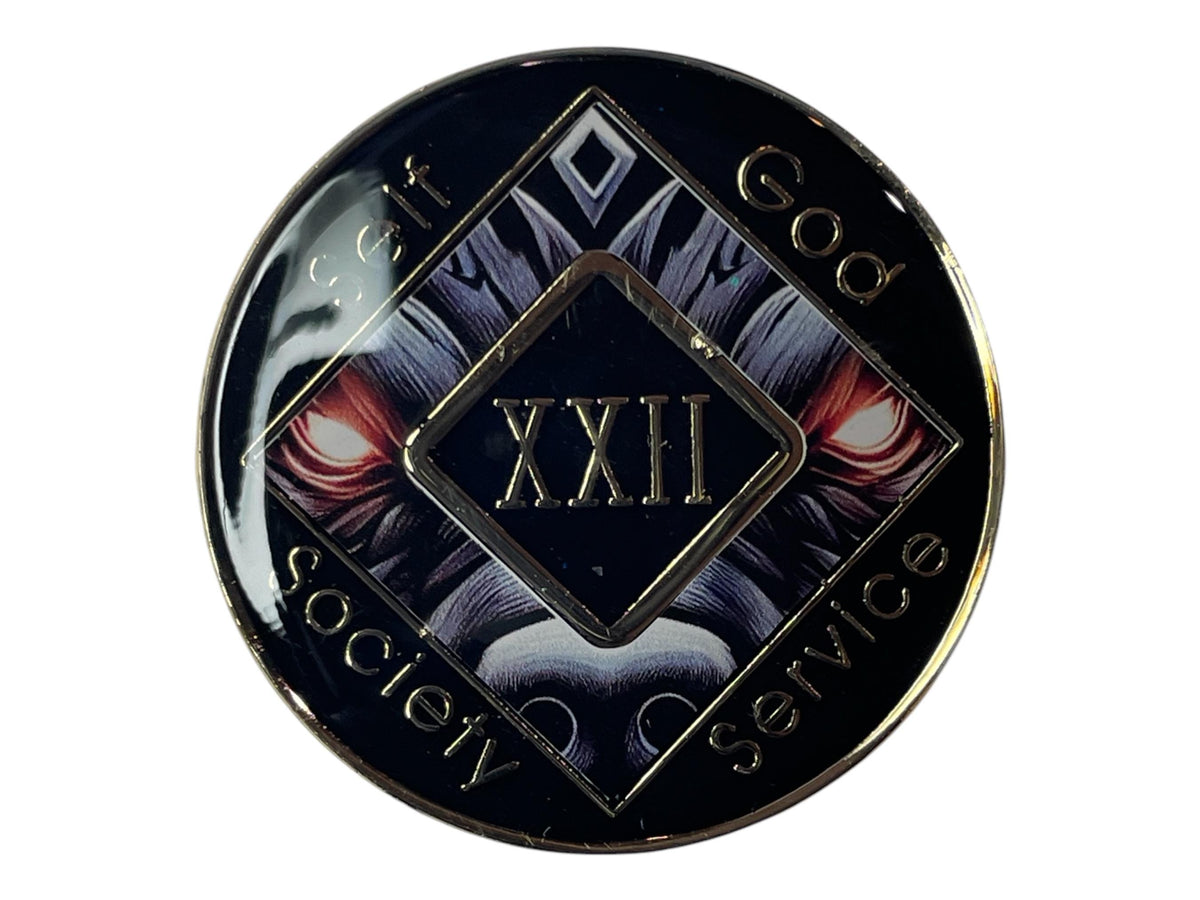 Narcotics Anonymous 22-year sobriety medallion with black border, fierce guardian dog artwork, and the words Self, God, Society, Service surrounding the Roman numeral XXII.