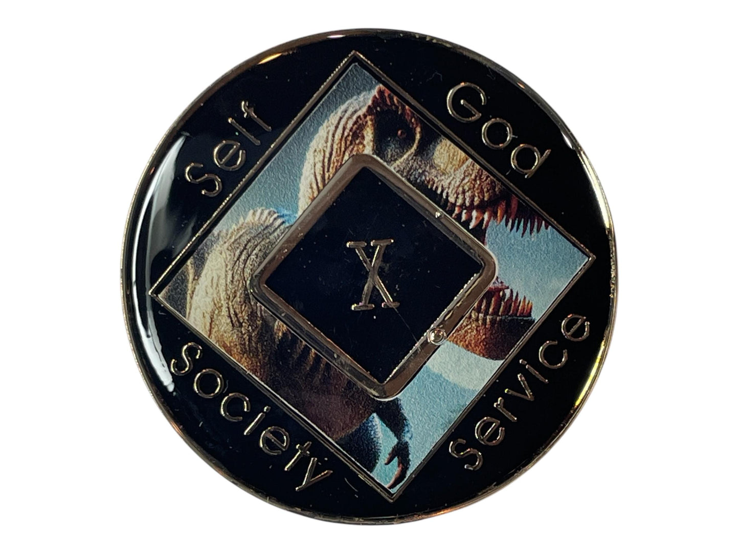 Narcotics Anonymous 10-year recovery medallion featuring a powerful T-Rex design symbolizing resilience and personal transformation. The medallion has a bold black border with βSelf, God, Society, Serviceβ engraved around the edges and Roman numeral X in the center, representing a decade of strength and perseverance in recovery.