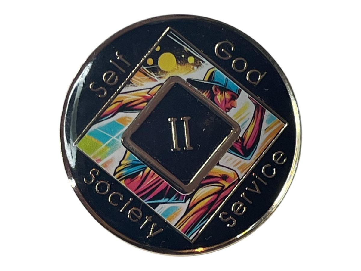 Narcotics Anonymous black and multicolor 2-year recovery medallion featuring a vibrant runner design symbolizing strength, progress, and perseverance in sobriety, with “Self, God, Society, Service” engraved around the border and a gold Roman numeral II in the center.