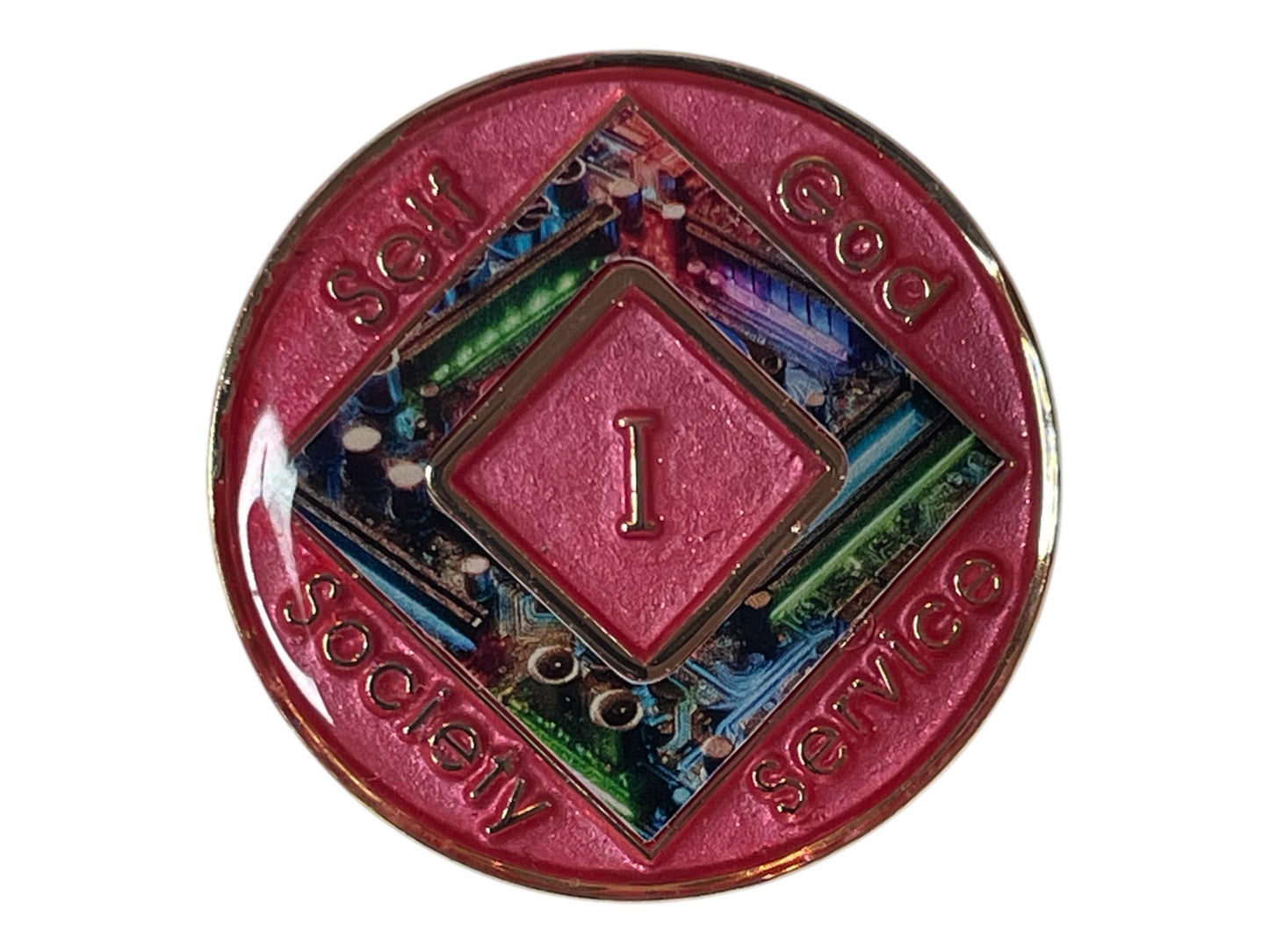 Narcotics Anonymous 1-year recovery medallion featuring a pink background with a vibrant circuit board design, symbolizing connection, renewal, and balance through self, God, society, and service in sobriety.