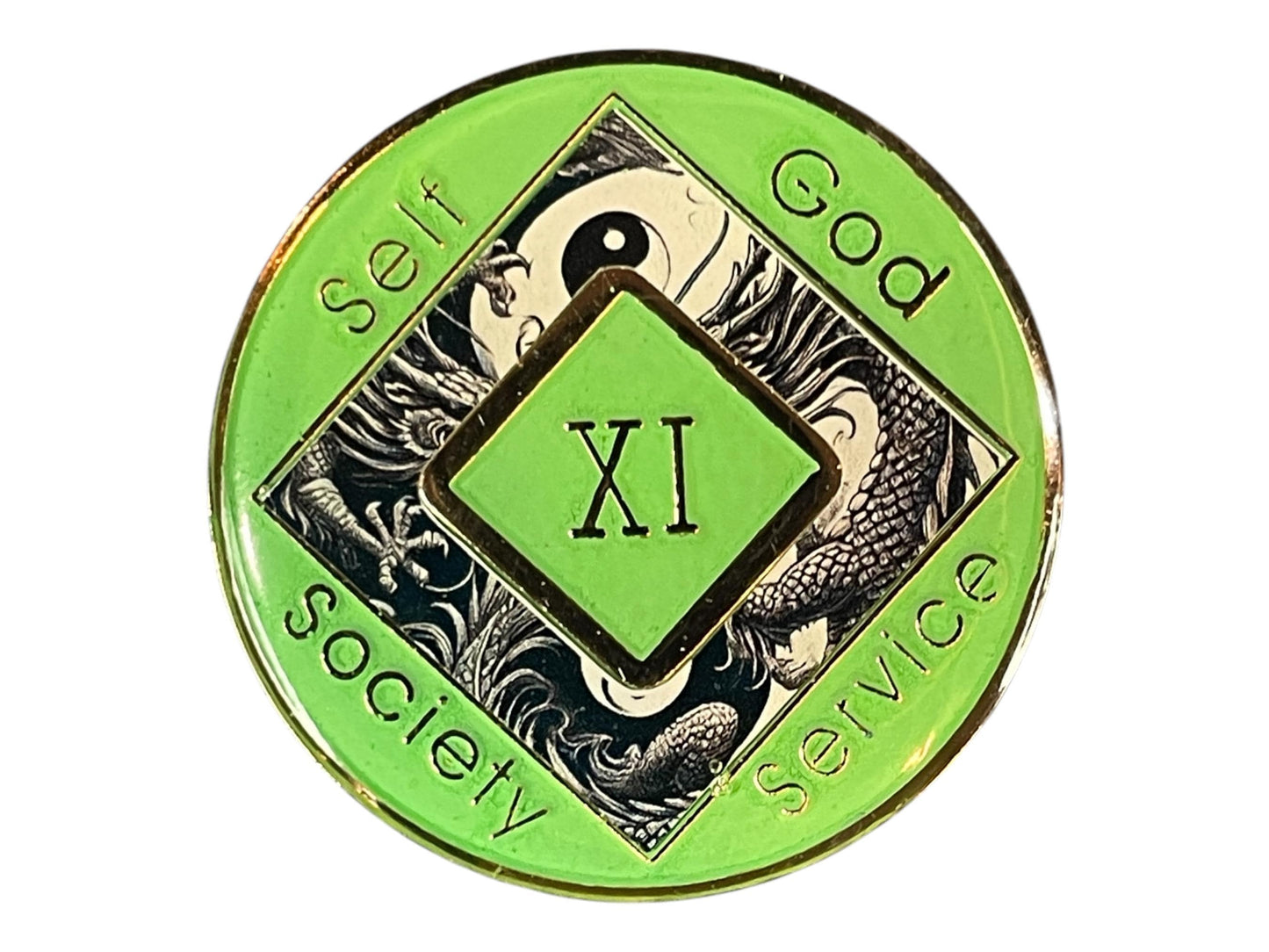 Narcotics Anonymous 11-year recovery medallion featuring a black dragon and yin-yang symbol on a light green background, representing balance, wisdom, and spiritual growth in sobriety.