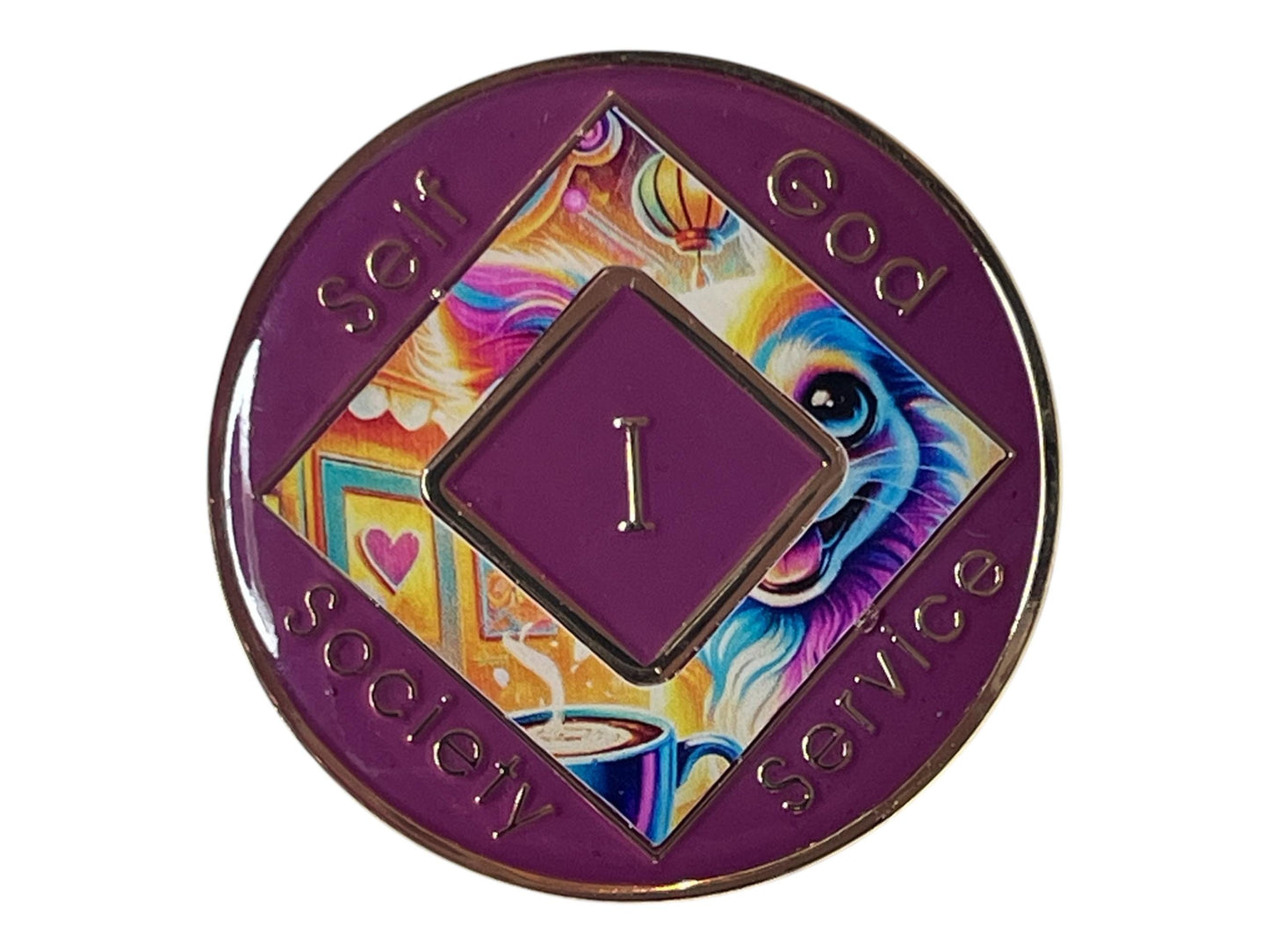 Narcotics Anonymous recovery medallion featuring a colorful chihuahua with a coffee cup and cozy café background, symbolizing warmth, comfort, and daily renewal in recovery. The coin includes the NA logo, Roman numeral I, and words “Self, God, Society, Service,” representing 1 year clean and spiritual growth.