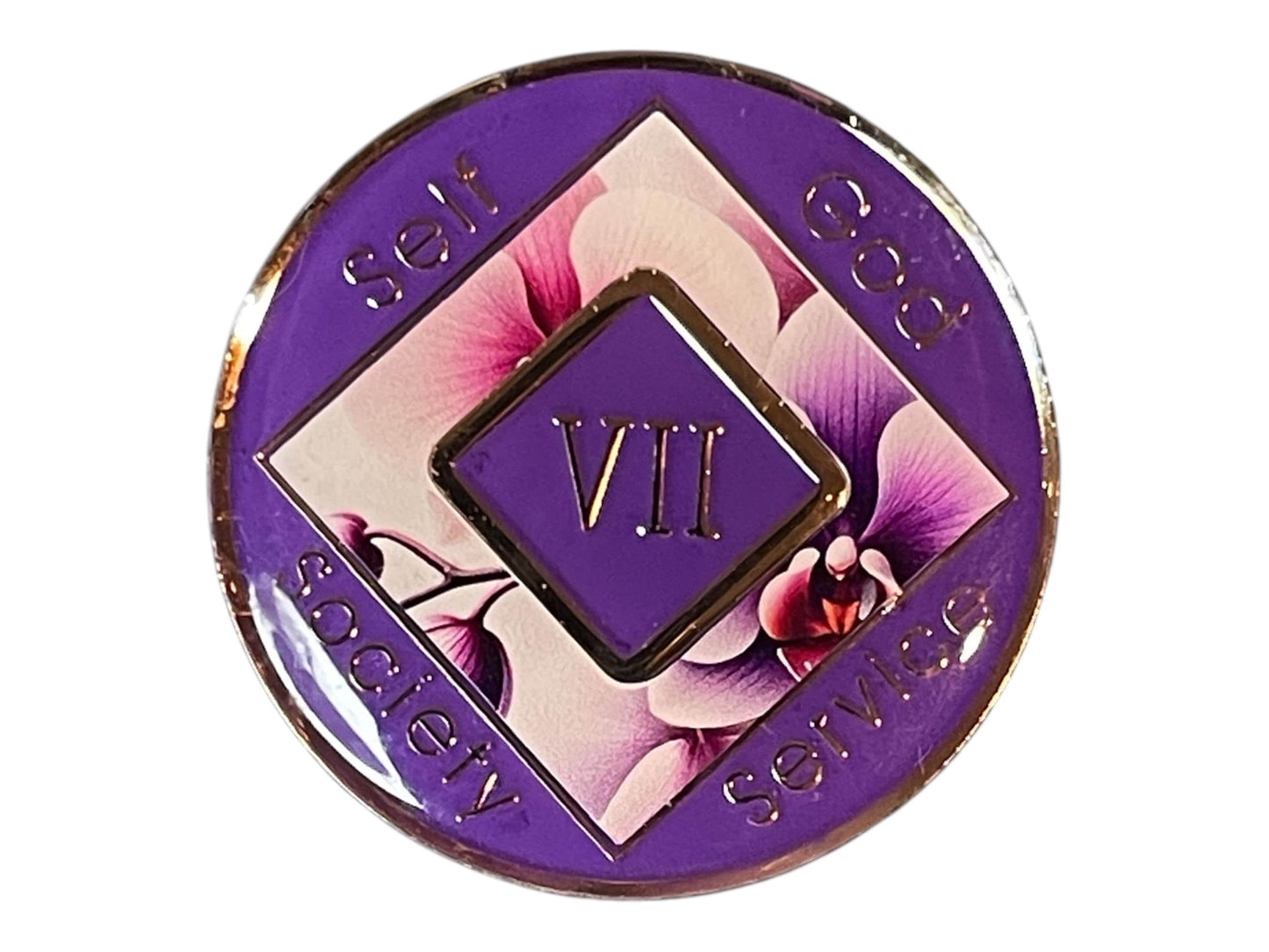 Narcotics Anonymous 7-year recovery medallion featuring elegant purple and pink orchid flowers symbolizing renewal and spiritual growth. The coin has a rich purple border engraved with “Self, God, Society, Service,” with Roman numeral VII in the center, representing seven years clean and continued serenity in recovery.