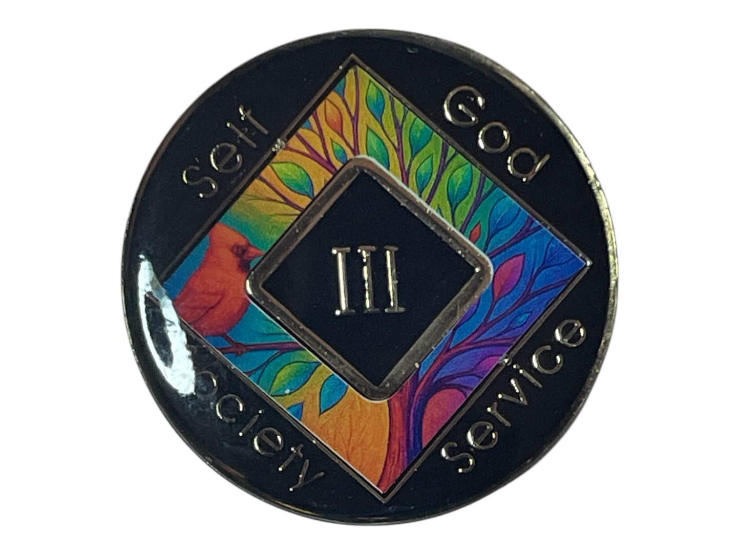 Narcotics Anonymous 3-year recovery medallion featuring a radiant rainbow tree of life with a red cardinal perched on a branch. The center diamond displays “III,” surrounded by “Self, God, Society, Service,” representing personal growth, faith, and gratitude in the journey of addiction recovery.