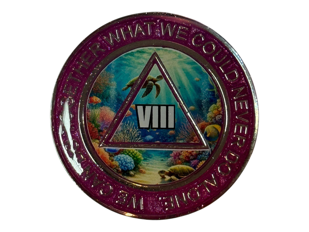 Purple AA medallion featuring an ocean reef design with sea turtles, coral, and sunlight streaming through the water. The center triangle displays the Roman numeral VIII, symbolizing 8 years of sobriety. The outer ring reads “We can do together what we could never do alone,” representing unity and recovery through fellowship.