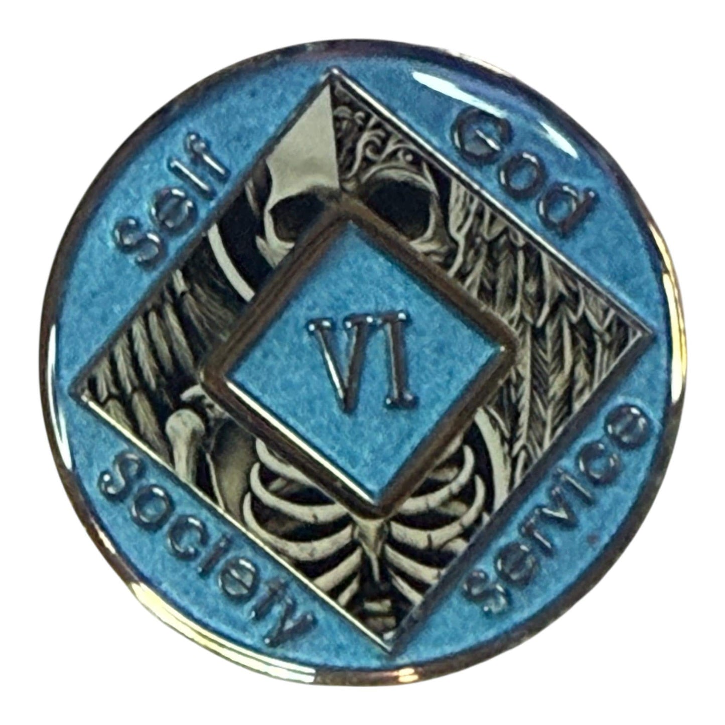 Narcotics Anonymous 6-year recovery medallion featuring a powerful angel and reaper design symbolizing transformation, duality, and renewal. The medallion has a metallic blue border engraved with “Self, God, Society, Service,” and Roman numeral VI in the center, representing six years of recovery, spiritual growth, and balance between light and darkness.