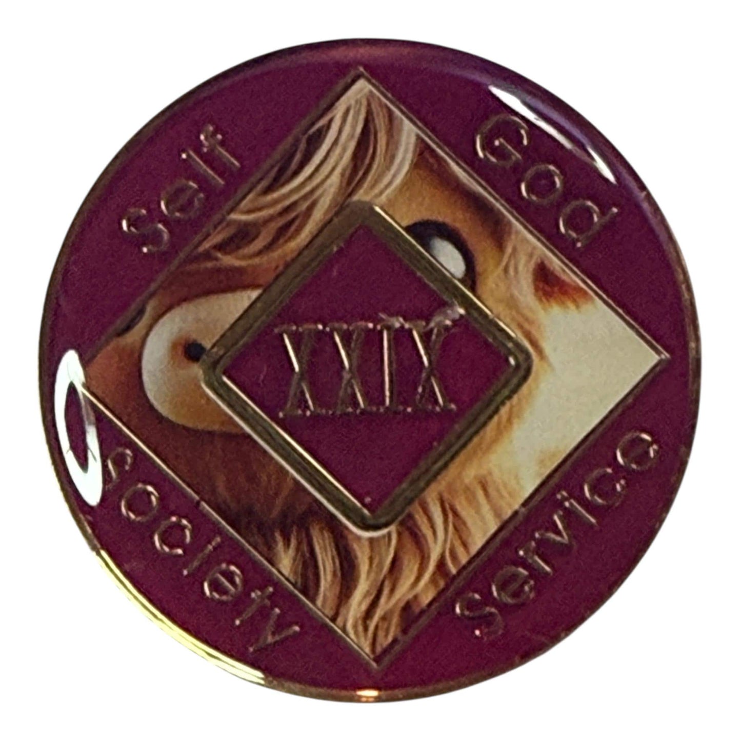 Narcotics Anonymous purple recovery medallion featuring a highland cow design with the Roman numeral XXIX in the center, representing 29 years clean and symbolizing strength, serenity, and personal growth in addiction recovery.