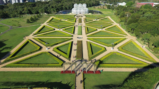 Aerial view of the geometric gardens at Jardim Botânico de Curitiba in Paraná, Brazil