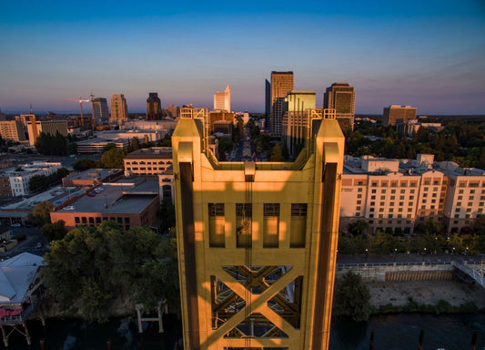 Sacramento Tower Bridge and downtown skyline at sunset during NCCNA 48 travel weekend.