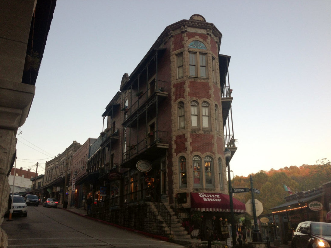 Historic Flat Iron Building and downtown streets in Eureka Springs, Arkansas.