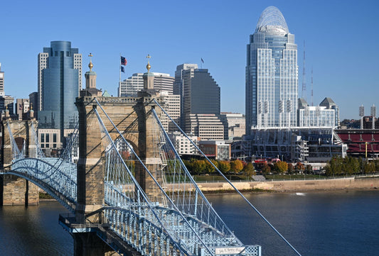 Cincinnati skyline and Roebling Suspension Bridge over the Ohio River