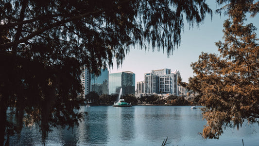 Downtown Orlando skyline rising above Lake Eola with mature trees framing the waterfront.