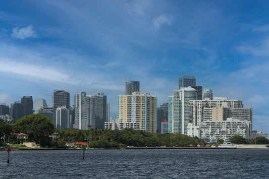Miami waterfront skyline with high-rise buildings and shoreline trees beneath a blue sky.
