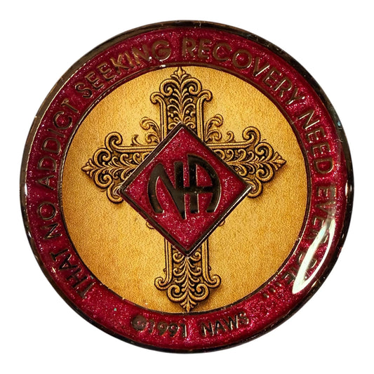 Ornate Gold Cross NA Medallion | Personalized Recovery Chip