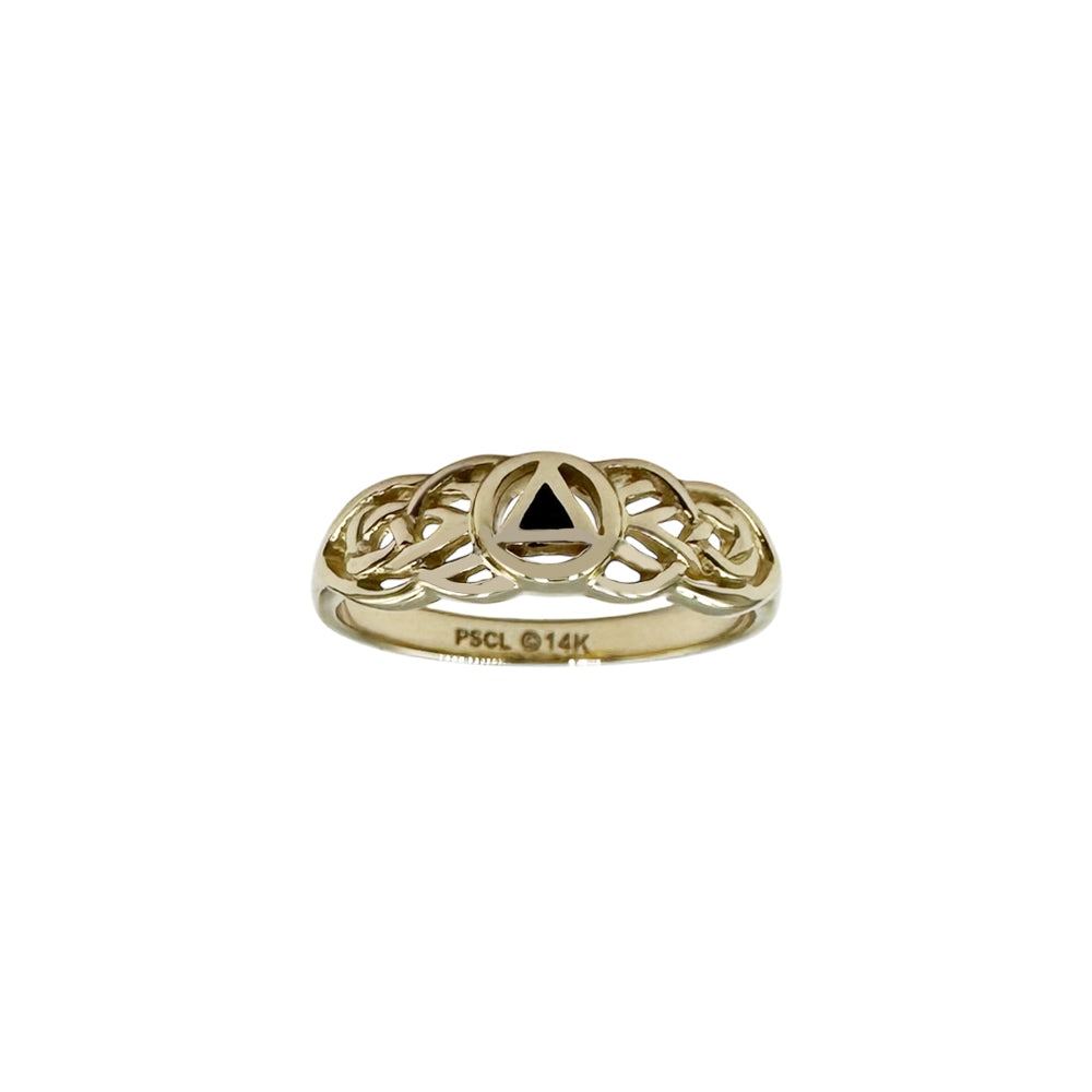Celtic AA Recovery Inlaid Stone Yellow Gold Ring Featuring Personal Strength Symbol