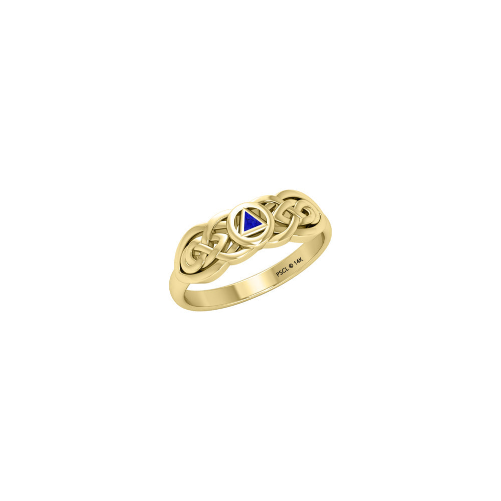 Celtic AA Recovery Inlaid Stone Yellow Gold Ring Featuring Personal Strength Symbol