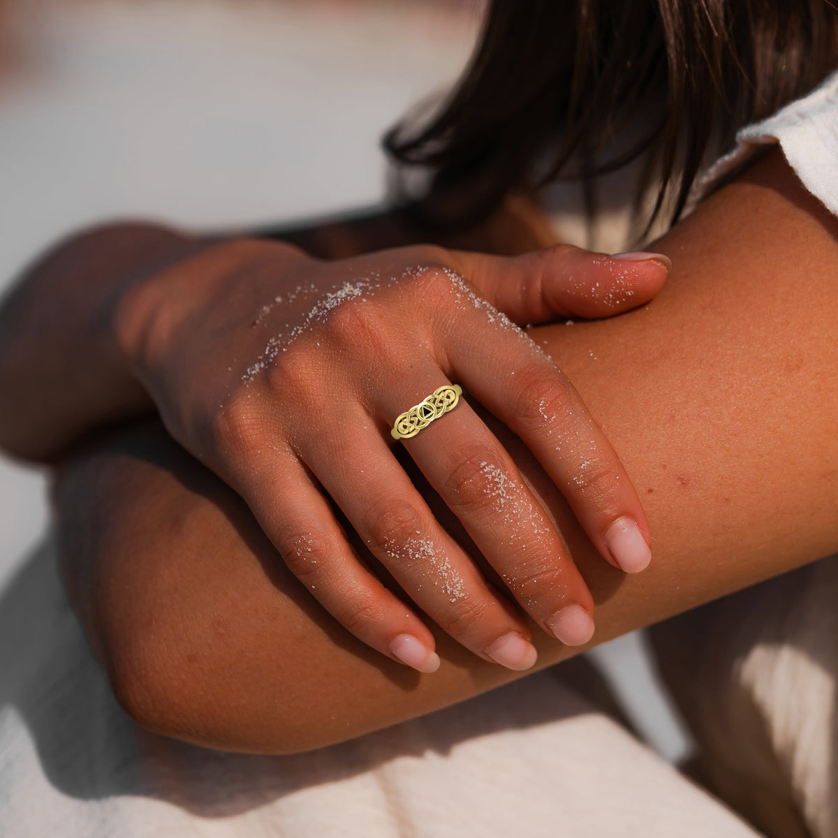 Celtic AA Recovery Inlaid Stone Yellow Gold Ring Featuring Personal Strength Symbol
