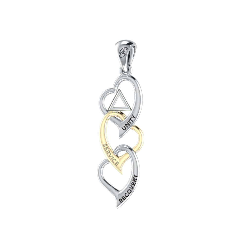 Triple Heart AA Recovery Pendant In Sterling Silver With 14K Gold Accents