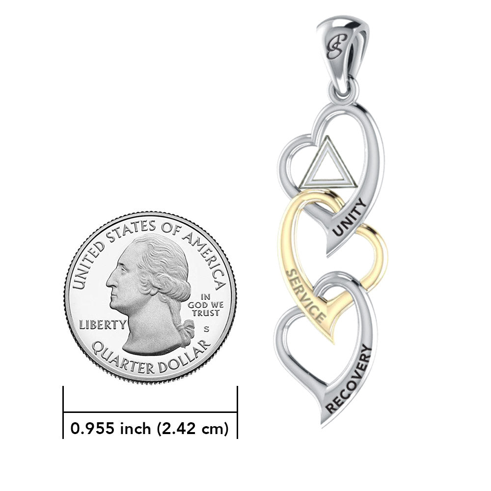 Triple Heart AA Recovery Pendant In Sterling Silver With 14K Gold Accents