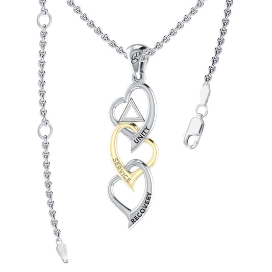 Triple Heart AA Recovery Pendant In Sterling Silver With 14K Gold Accents