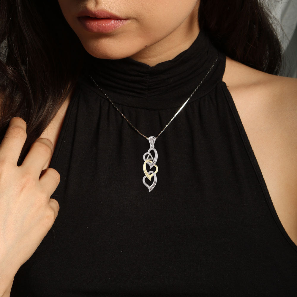 Triple Heart AA Recovery Pendant In Sterling Silver With 14K Gold Accents