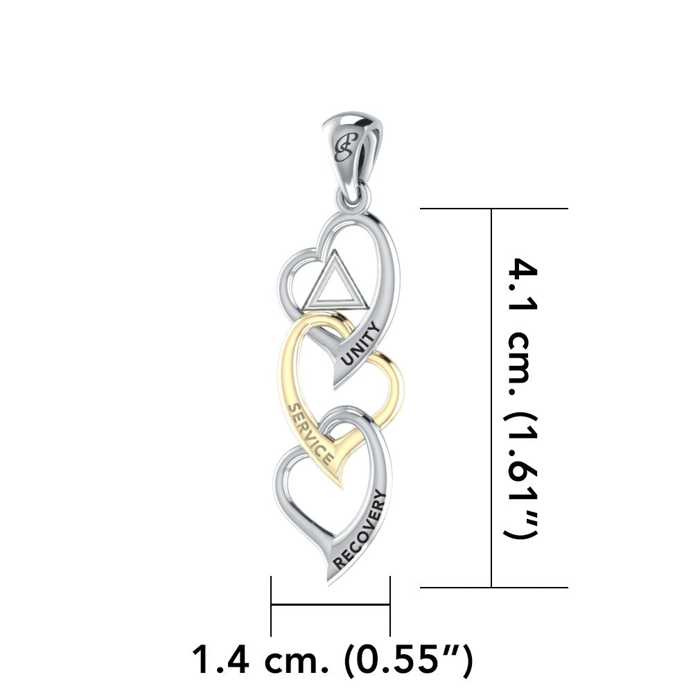 Triple Heart AA Recovery Pendant In Sterling Silver With 14K Gold Accents