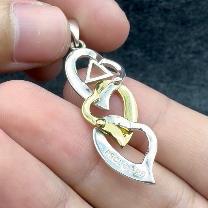 Triple Heart AA Recovery Pendant In Sterling Silver With 14K Gold Accents