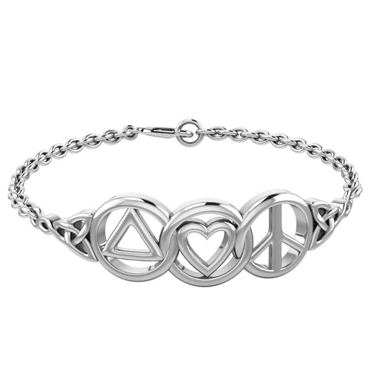 Love Peace and Recovery Sterling Silver Bracelet Three Front Facing Symbols