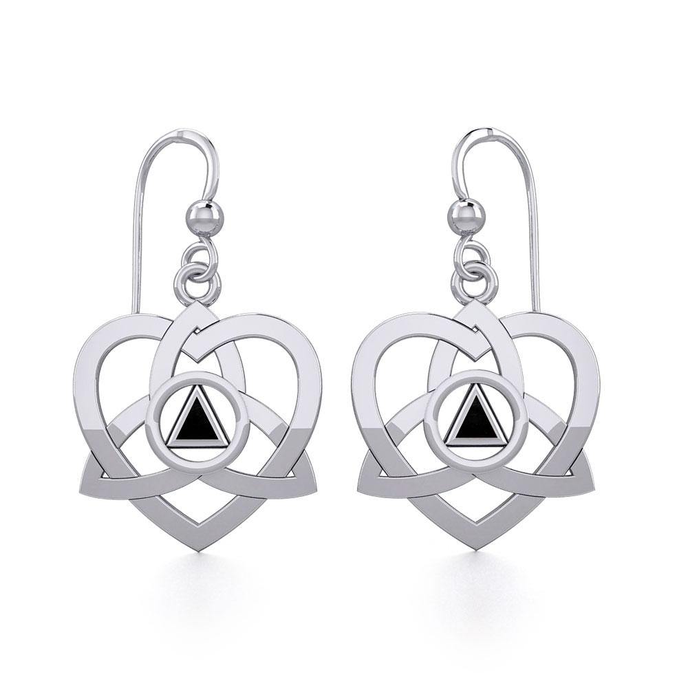 Celtic Trinity Heart Sterling Silver Earrings With Sobriety Triangle Inlaid Recovery Symbol AA Collection