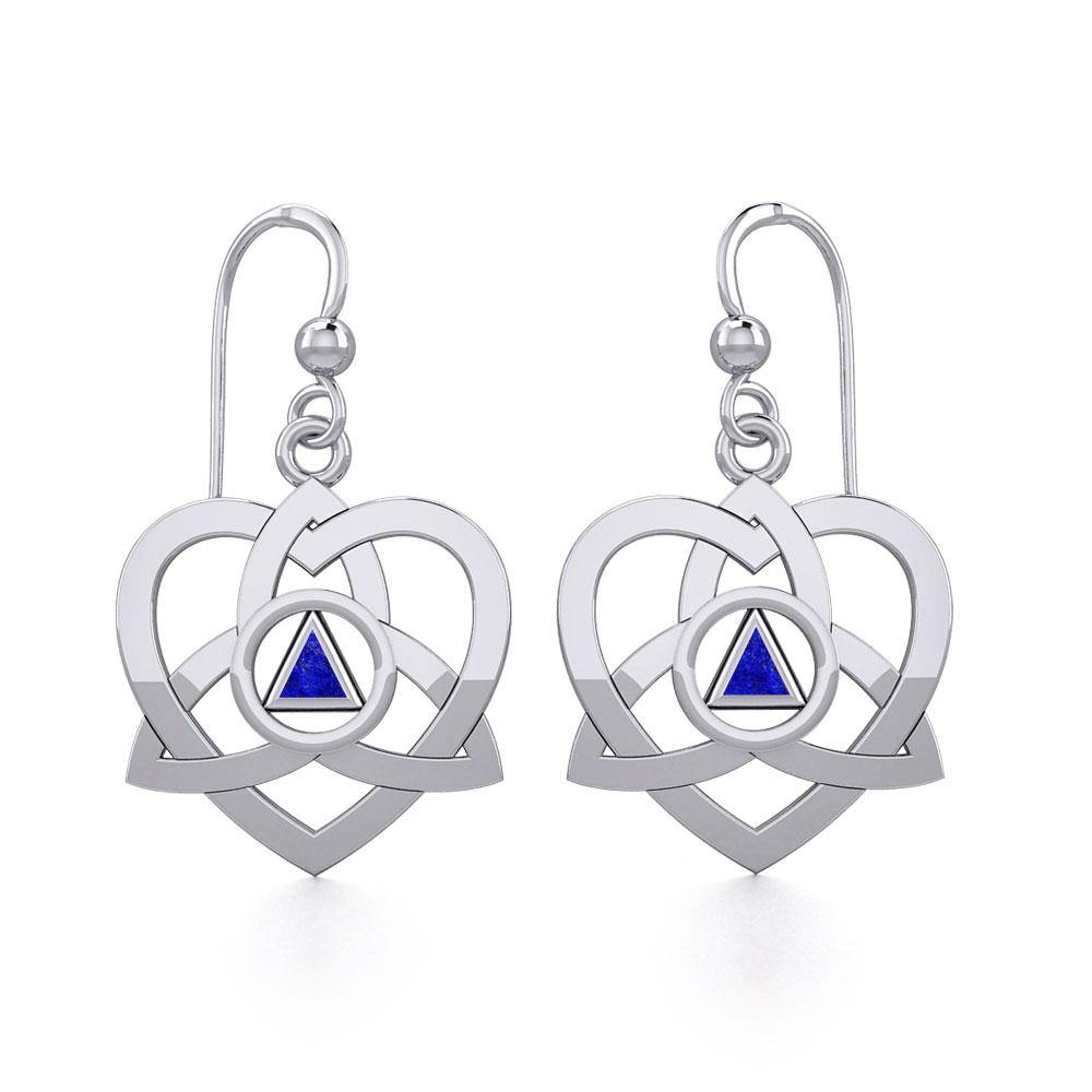Celtic Trinity Heart Sterling Silver Earrings With Sobriety Triangle Inlaid Recovery Symbol AA Collection