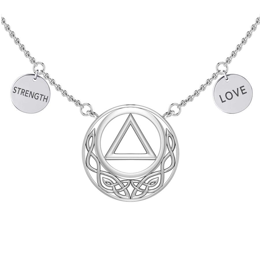 Love And Strength AA Recovery Celtic Sterling Silver Necklace Sobriety Triangle Pendant